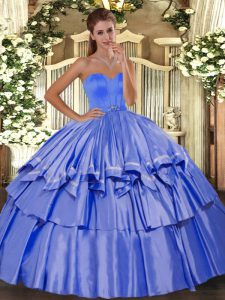 Discount Blue Sleeveless Floor Length Beading and Ruffled Layers Lace Up Ball Gown Prom Dress