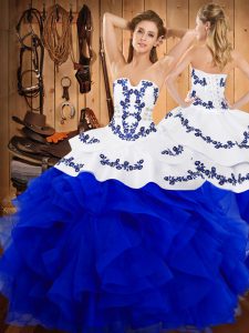 High Class Sleeveless Floor Length Embroidery and Ruffles Lace Up Quince Ball Gowns with Blue And White