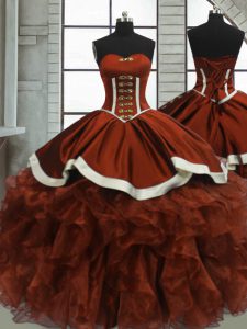 Modest Rust Red Sleeveless Organza Lace Up 15th Birthday Dress for Sweet 16 and Quinceanera