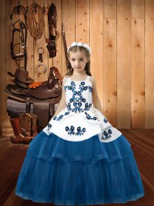 High Class Embroidery Little Girl Pageant Dress Blue Lace Up Sleeveless Floor Length