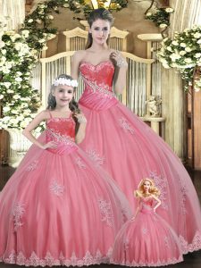 Captivating Sleeveless Floor Length Beading Lace Up Quince Ball Gowns with Watermelon Red