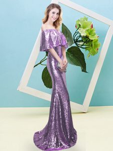 Nice Half Sleeves Zipper Floor Length Sequins Prom Party Dress