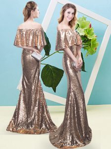 Popular Half Sleeves Sequined Floor Length Zipper Prom Gown in Gold with Sequins