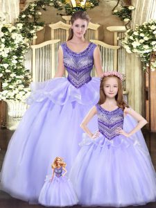 New Style Lavender Ball Gowns Scoop Sleeveless Tulle Floor Length Lace Up Beading and Ruching Quinceanera Gown
