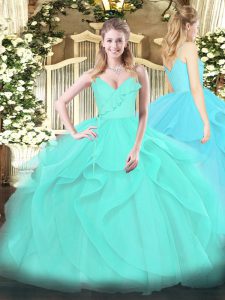 Floor Length Zipper Quinceanera Gowns Aqua Blue for Military Ball and Sweet 16 and Quinceanera with Ruffles