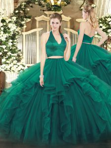 Dark Green Two Pieces Halter Top Sleeveless Organza Floor Length Zipper Ruffles Vestidos de Quinceanera