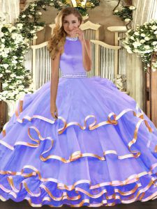Captivating Lavender Sleeveless Floor Length Beading and Ruffled Layers Backless Ball Gown Prom Dress