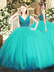 Attractive V-neck Sleeveless 15th Birthday Dress Floor Length Beading Aqua Blue Tulle