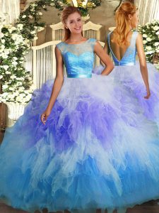 Multi-color Ball Gowns Lace and Ruffles Sweet 16 Dress Backless Tulle Sleeveless Floor Length