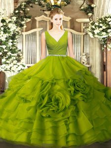 Simple Olive Green Ball Gowns V-neck Sleeveless Fabric With Rolling Flowers Floor Length Zipper Beading Sweet 16 Quinceanera Dress
