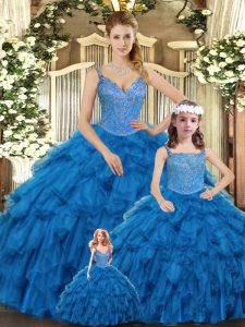 Teal Vestidos de Quinceanera Military Ball and Sweet 16 and Quinceanera with Beading and Ruffles Straps Sleeveless Lace Up