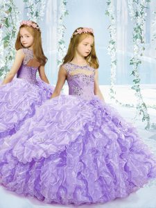 Lavender Sleeveless Beading and Ruffles and Pick Ups Floor Length Pageant Gowns For Girls