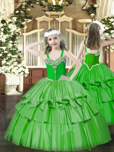 Stunning Green Kids Pageant Dress Party and Quinceanera with Beading and Ruffled Layers Straps Sleeveless Lace Up
