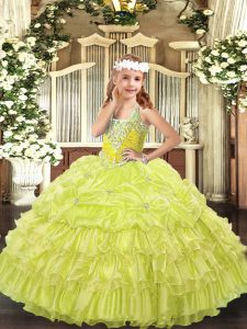 Charming Yellow Green Ball Gowns Organza V-neck Sleeveless Beading and Ruffled Layers and Pick Ups Floor Length Lace Up Pageant Dress Toddler