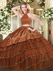 Brown Backless 15 Quinceanera Dress Beading and Embroidery and Ruffled Layers Sleeveless Floor Length