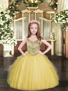 Scoop Sleeveless Tulle Custom Made Pageant Dress Beading and Ruffles Lace Up