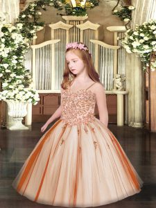 Exquisite Rust Red Lace Up Little Girls Pageant Gowns Appliques Sleeveless Floor Length