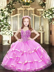 Lilac Lace Up Straps Beading and Ruffled Layers Little Girls Pageant Dress Wholesale Organza Sleeveless