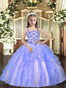 Hot Sale Straps Sleeveless Child Pageant Dress Floor Length Beading and Ruffles Light Blue Tulle