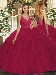 Wine Red Sleeveless Floor Length Ruffles Backless Ball Gown Prom Dress