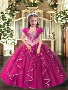 Fuchsia Straps Neckline Embroidery and Ruffles Little Girls Pageant Dress Sleeveless Lace Up