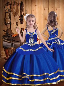 Great Straps Sleeveless Glitz Pageant Dress Floor Length Beading and Embroidery and Ruffled Layers Royal Blue Organza
