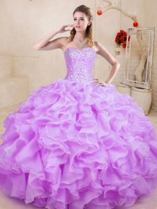 Stunning Floor Length Lace Up Sweet 16 Quinceanera Dress Lilac for Sweet 16 and Quinceanera with Beading and Ruffles