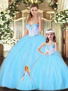 Custom Fit Aqua Blue Ball Gowns Beading Sweet 16 Dresses Lace Up Tulle Sleeveless Floor Length