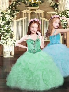 Hot Sale Apple Green Ball Gowns Spaghetti Straps Sleeveless Organza Floor Length Lace Up Beading and Ruffles and Pick Ups Pageant Dress Toddler