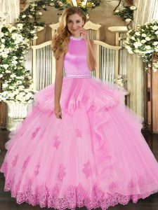 Floor Length Rose Pink Vestidos de Quinceanera Halter Top Sleeveless Backless