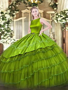 Fabulous Olive Green Ball Gowns Embroidery and Ruffled Layers 15 Quinceanera Dress Lace Up Satin and Organza Sleeveless Floor Length