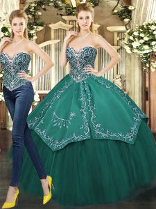 Dark Green Ball Gowns Tulle Sweetheart Sleeveless Beading and Appliques Floor Length Lace Up Vestidos de Quinceanera