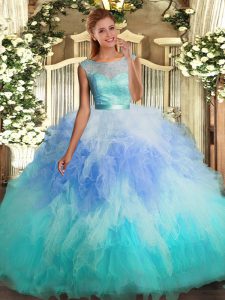 Multi-color Ball Gowns Lace and Ruffles Vestidos de Quinceanera Backless Tulle Sleeveless Floor Length