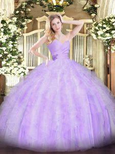 Traditional Lavender Ball Gowns Sweetheart Sleeveless Organza Floor Length Lace Up Beading and Ruffles Quince Ball Gowns