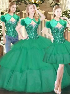 Fine Turquoise Lace Up Sweetheart Beading and Ruffled Layers Ball Gown Prom Dress Tulle Sleeveless