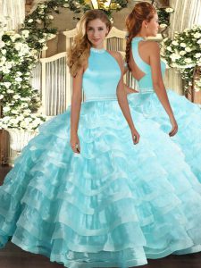 Aqua Blue Ball Gown Prom Dress Military Ball and Sweet 16 and Quinceanera with Beading and Ruffled Layers Halter Top Sleeveless Backless