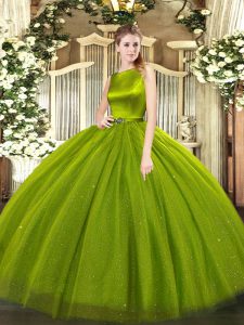 Sleeveless Floor Length Belt Clasp Handle Quinceanera Gown with Olive Green