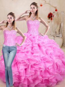 Admirable Ball Gowns 15 Quinceanera Dress Rose Pink Sweetheart Organza Sleeveless Floor Length Lace Up