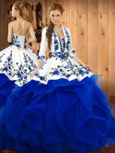 Floor Length Lace Up 15 Quinceanera Dress Blue for Military Ball and Sweet 16 and Quinceanera with Embroidery and Ruffles