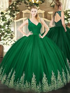 Smart Sleeveless Floor Length Beading and Appliques Zipper Ball Gown Prom Dress with Dark Green