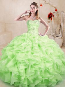 Customized Organza Sweetheart Sleeveless Lace Up Beading and Ruffles Sweet 16 Dresses in Yellow Green