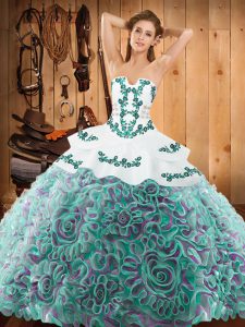 Super Multi-color Ball Gowns Strapless Sleeveless Satin and Fabric With Rolling Flowers With Train Sweep Train Lace Up Embroidery Sweet 16 Dress