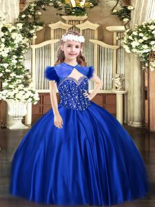 Custom Fit Royal Blue Straps Lace Up Beading Kids Pageant Dress Sleeveless
