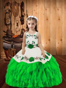 Latest Green Ball Gowns Organza Straps Sleeveless Embroidery and Ruffles Floor Length Lace Up Custom Made Pageant Dress
