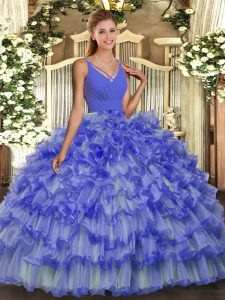 Blue Backless Quinceanera Dress Beading and Ruffled Layers Sleeveless Floor Length