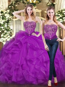 Colorful Purple Ball Gowns Beading and Ruffles Ball Gown Prom Dress Lace Up Organza Sleeveless Floor Length