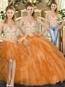 Orange Red Three Pieces Organza Straps Sleeveless Beading and Ruffles Floor Length Lace Up Sweet 16 Quinceanera Dress