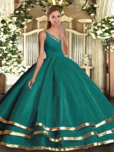 Attractive Turquoise Ball Gowns Tulle V-neck Sleeveless Ruching Floor Length Backless Quinceanera Dress