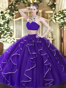 Deluxe Purple Quinceanera Dresses Military Ball and Sweet 16 and Quinceanera with Beading and Ruffles High-neck Sleeveless Backless