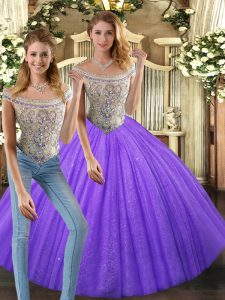 Two Pieces Sweet 16 Dresses Eggplant Purple Bateau Tulle Sleeveless Floor Length Lace Up